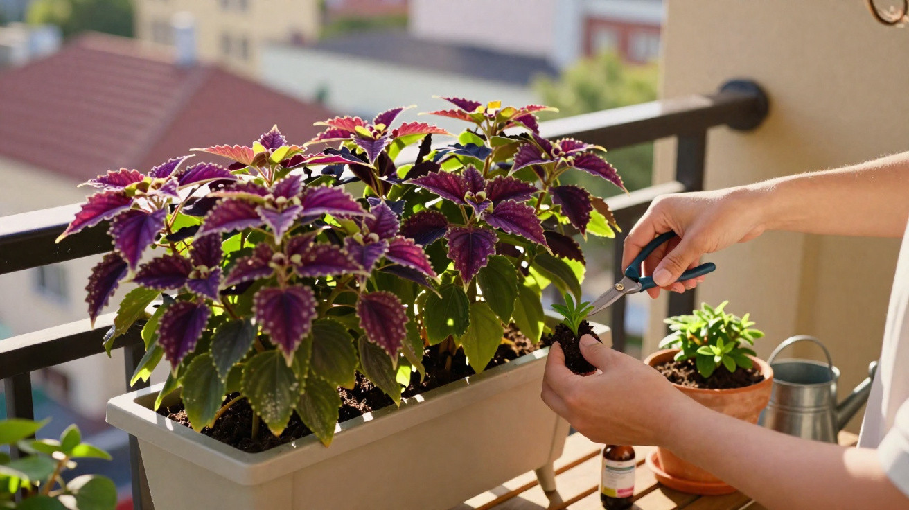 Mãos cuidando de plantas em varanda, com tesoura de poda e vasos ao sol da tarde.