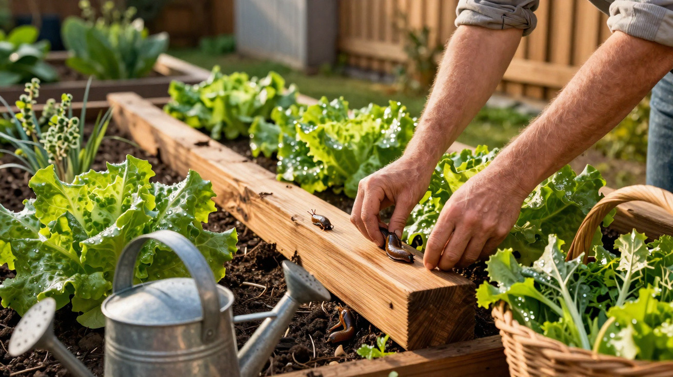 Mãos removendo lesmas de canteiro de verduras em cultivo caseiro com regador e cesta ao lado.