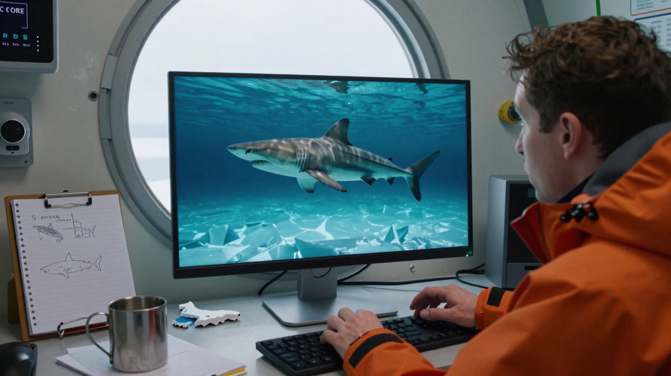 Homem em jaqueta laranja observa tubarão na tela de computador dentro de submarino.