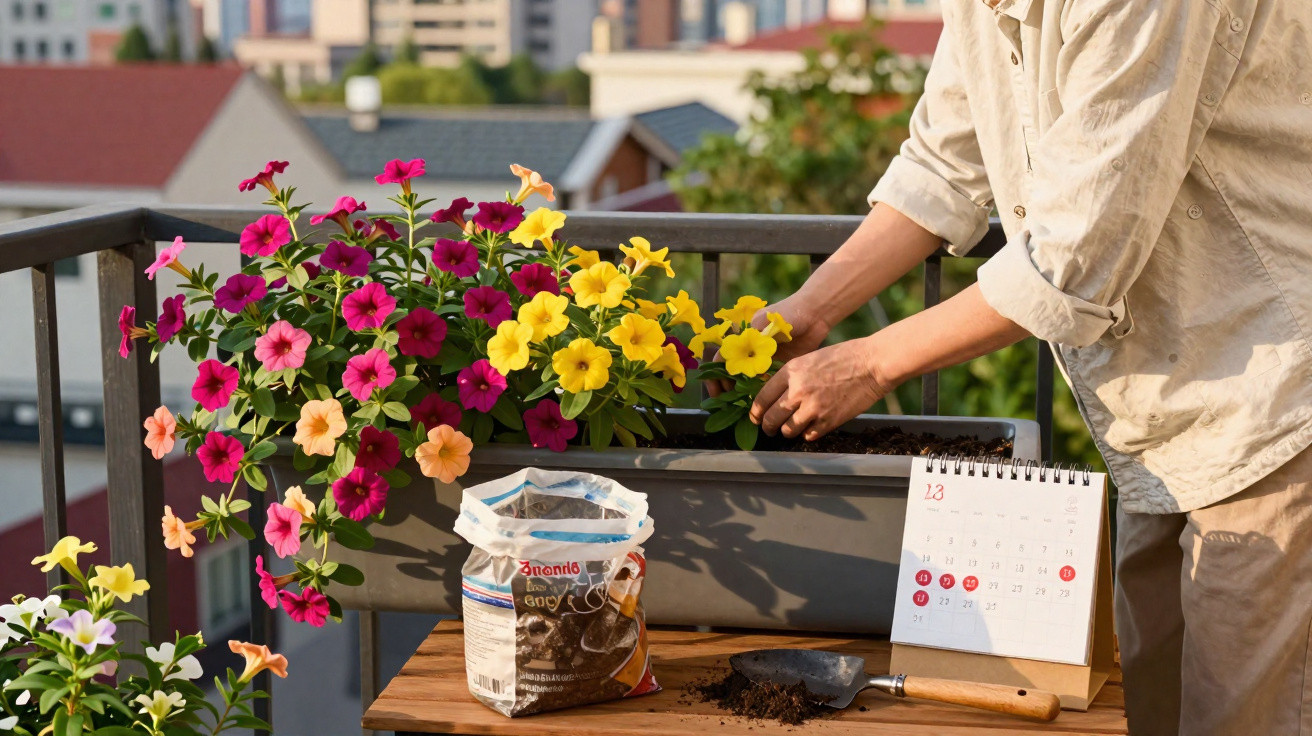 Pessoa cuidando de flores coloridas em vaso na varanda com ferramentas de jardinagem e calendário.
