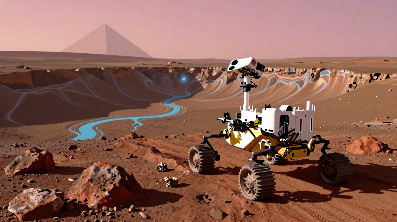 Rover explorando a superfície marciana com vale e drenagem azul ao fundo, sob céu rosado com pirâmide.