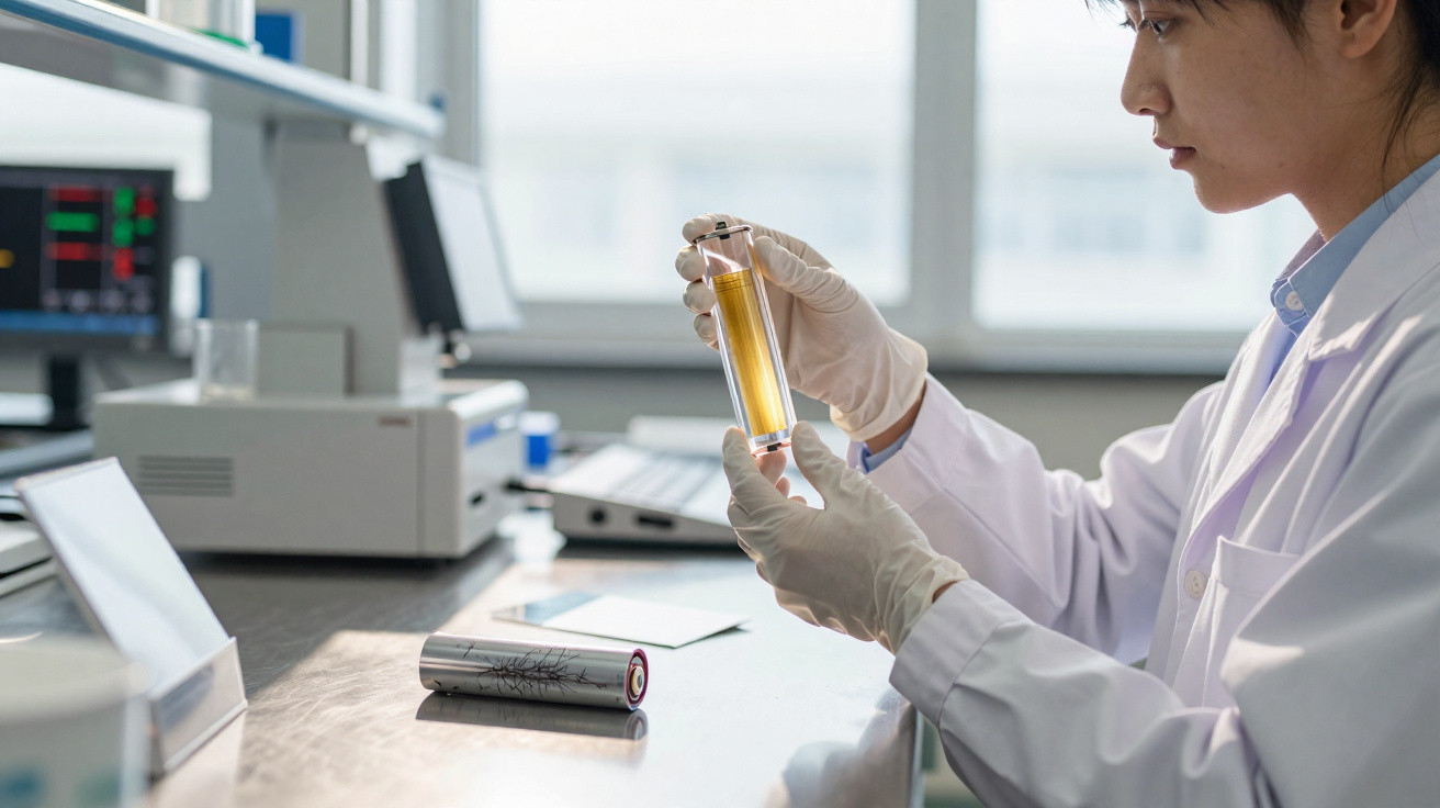 Pesquisadora de jaleco e luvas segurando tubo de ensaio com líquido amarelo em laboratório moderno.