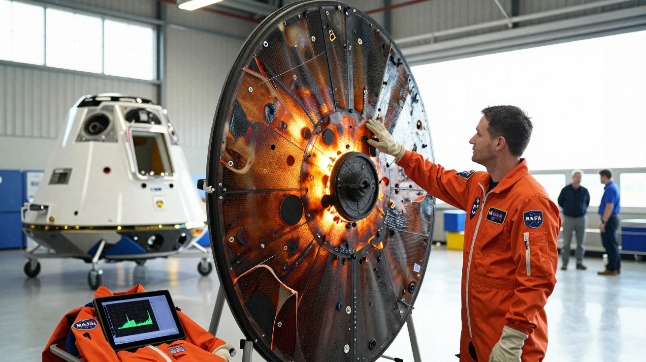 Homem em macacão laranja da NASA inspeciona grande painel circular iluminado em laboratório espacial.