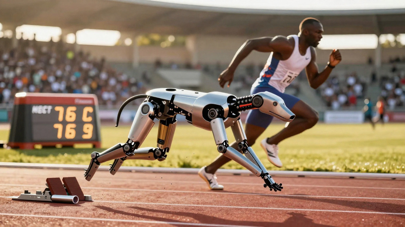 Cachorro robótico e corredor humano competindo numa pista de atletismo durante uma corrida.