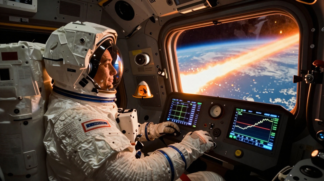 Astronauta em traje espacial dentro de cabine observando um meteoro entrando na atmosfera da Terra.
