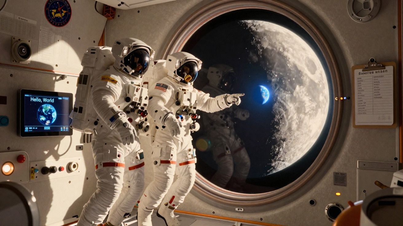 Dois astronautas dentro de uma espaçonave observam a Terra pela janela circular com a superfície lunar ao redor.