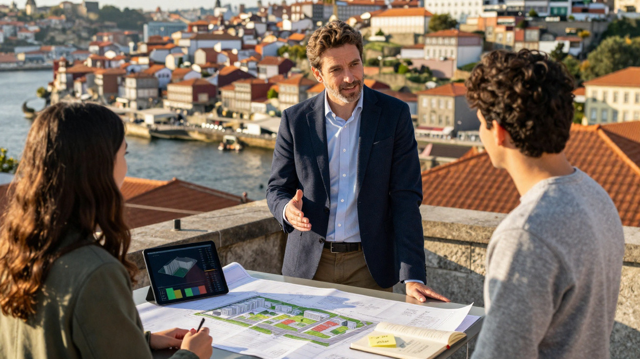 Três pessoas discutem projeto urbanístico ao ar livre com vista para cidade e rio ao fundo.