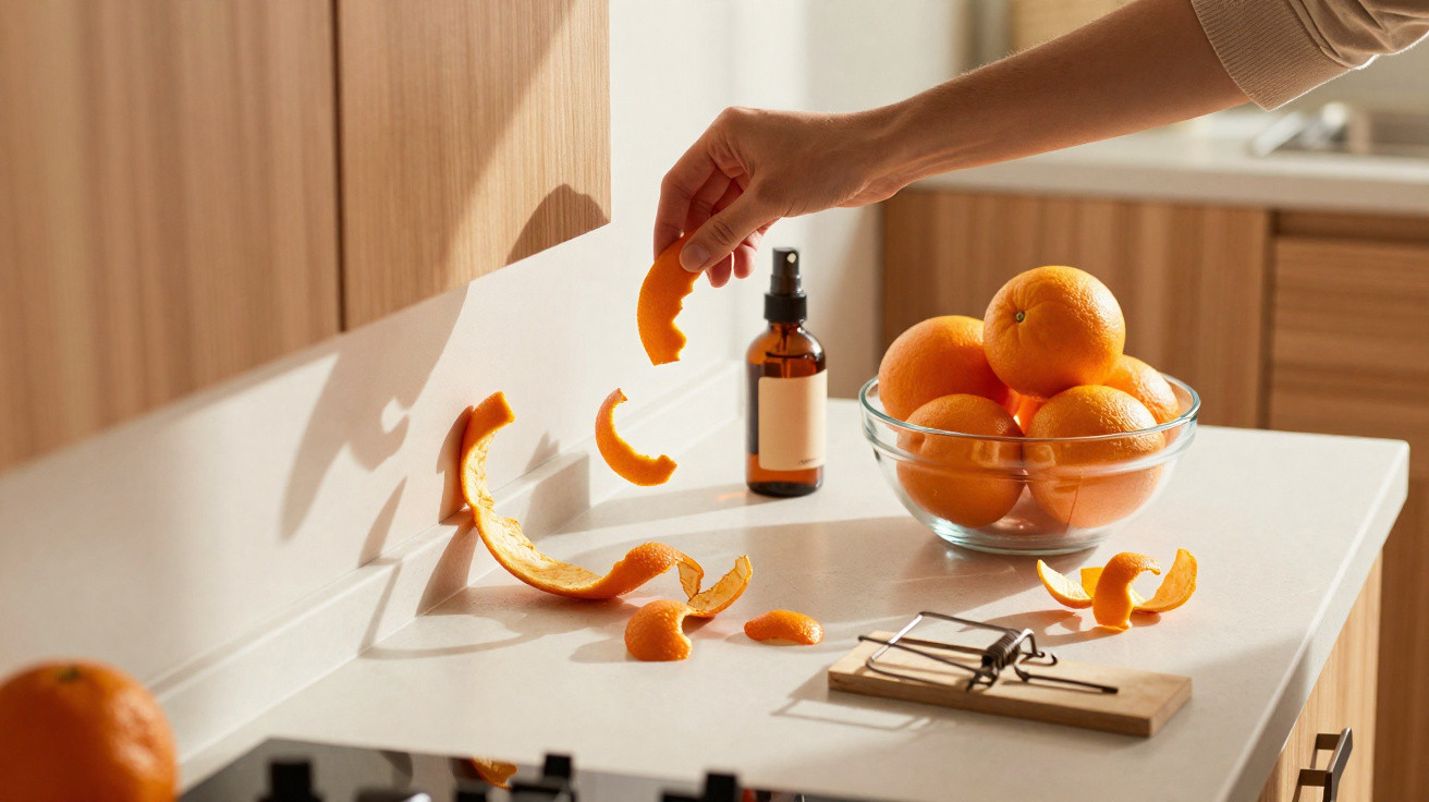 Pessoa descascando laranja sobre bancada com caroço de rato e frasco spray ao fundo.