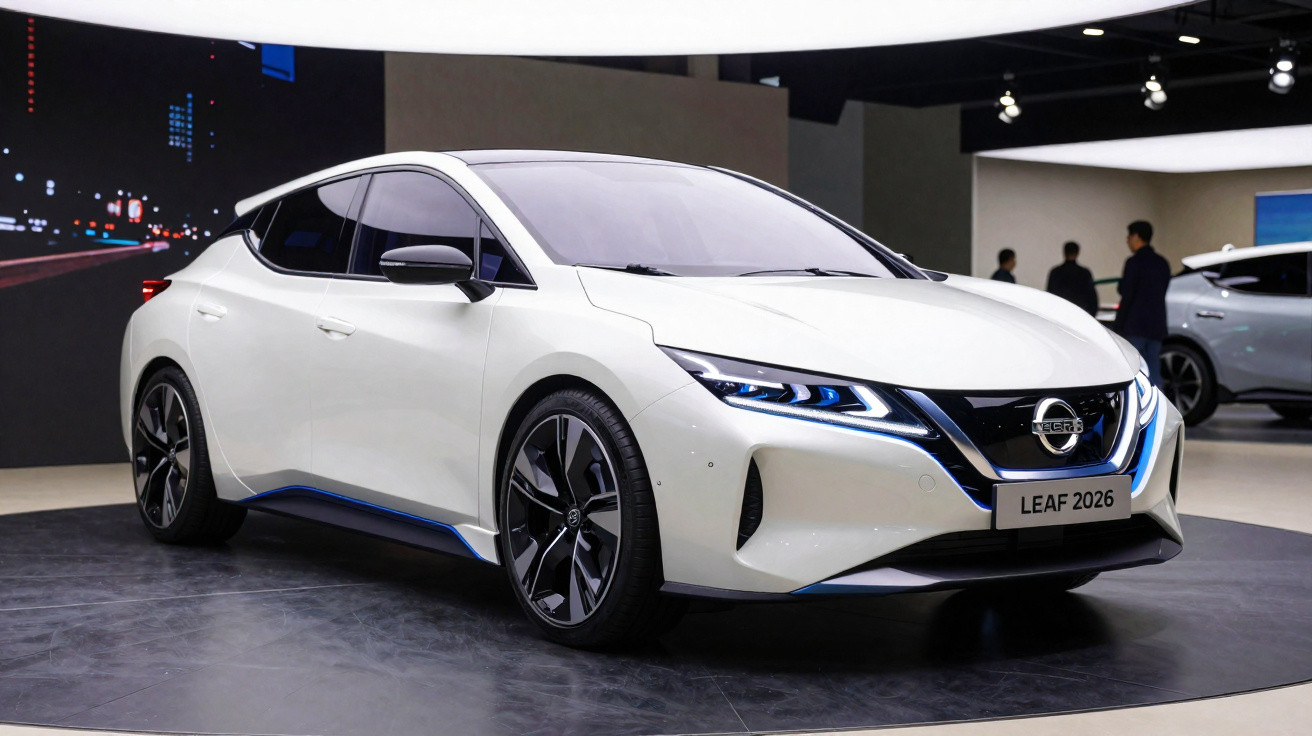 Carro elétrico branco Nissan Leaf 2026 exibido em estande de exposição automotiva.