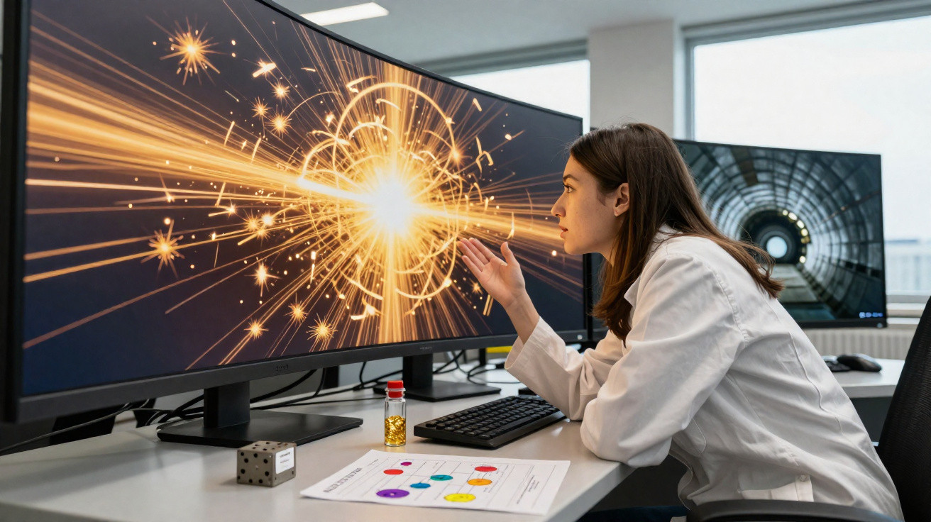 Mulher cientista observa gráficos de explosão energética na tela de computador em laboratório.