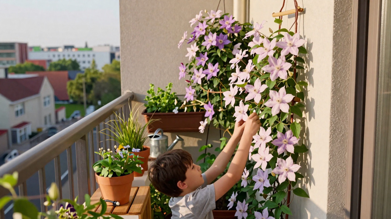 Menino cuidando de plantas com flores lilases em varandá ensolarada de apartamento.