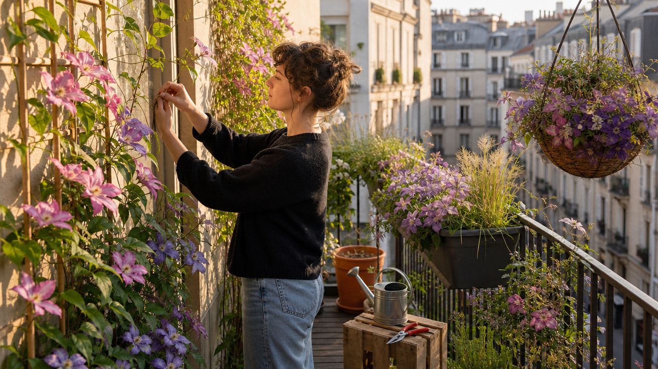 Mulher cuidando de flores roxas em varanda urbana com vasos e regador ao pôr do sol.