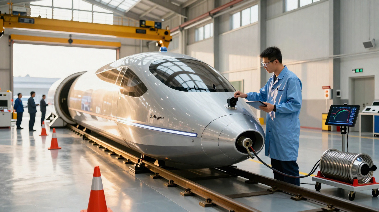 Engenheiro inspeciona trem de alta velocidade futurista em laboratório moderno com equipamento técnico.