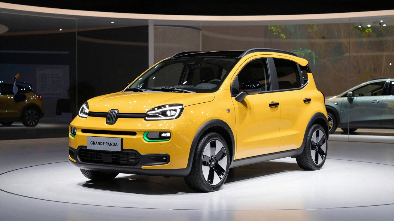 Carro compacto amarelo modelo Grande Panda exibido em estande moderno com iluminação branca.