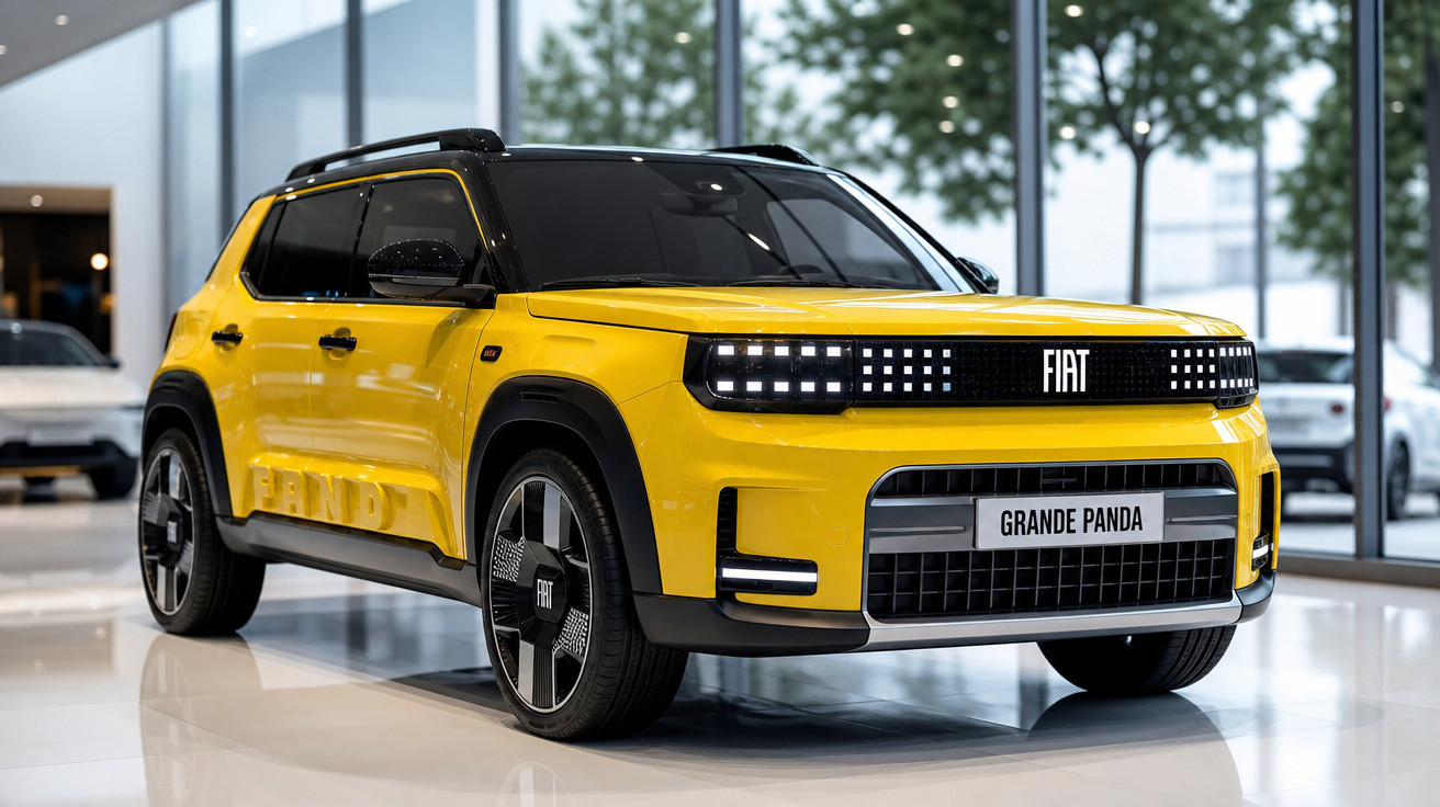 Carro Fiat Grande Panda amarelo em exposição em showroom moderno com grandes janelas.