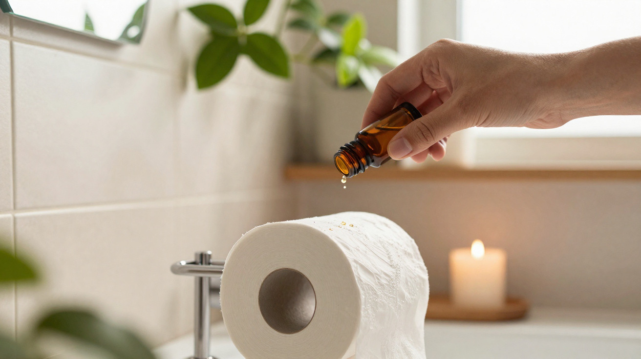 Mão pingando essência aromática em papel higiênico com vela acesa e plantas ao fundo em banheiro.