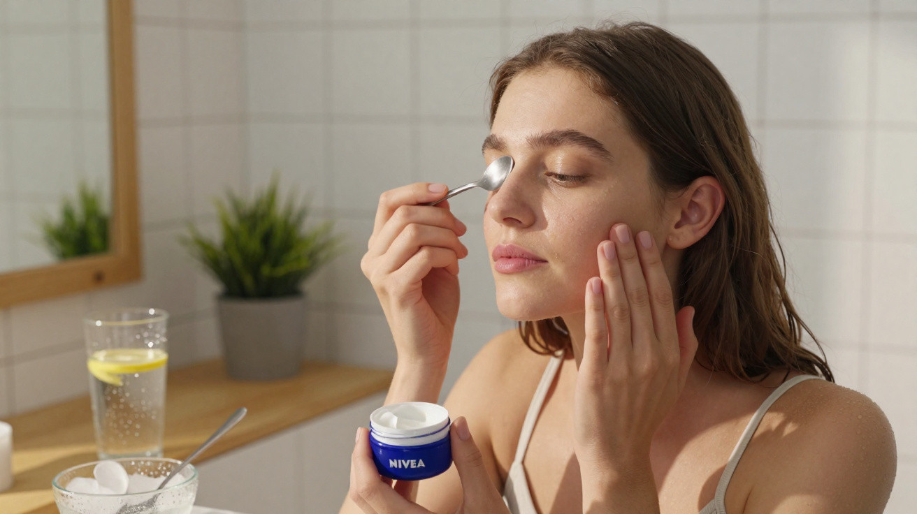 Mulher aplica creme facial Nivea com colher em banheiro iluminado, com plantas e copo d’água ao fundo.