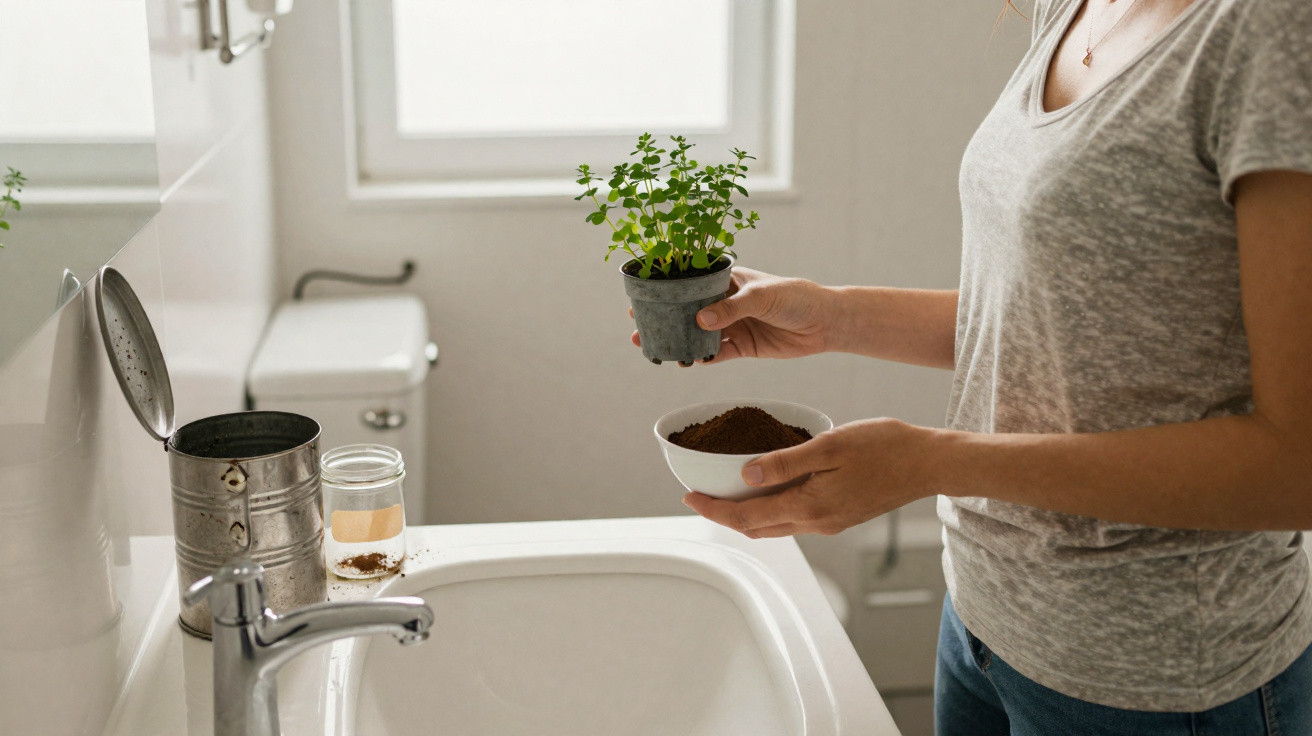 Pessoa preparando ervas em vaso perto da pia de banheiro com janela ao fundo, segurando vaso e tigela com terra.