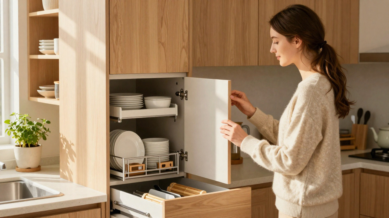 Mulher abrindo armário de cozinha com pratos e utensílios organizados em ambiente claro e moderno.