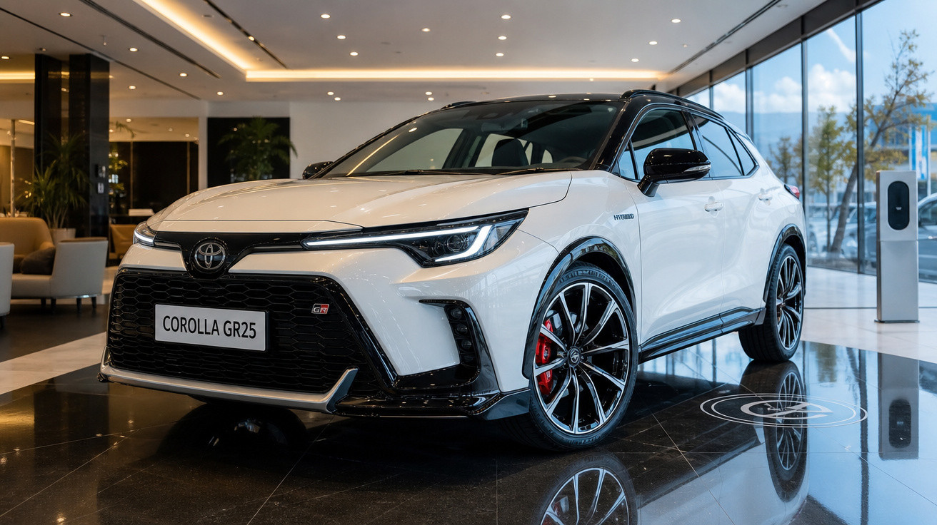 Carro Toyota Corolla GR25 branco em exposição com teto preto e detalhes esportivos em showroom moderno.