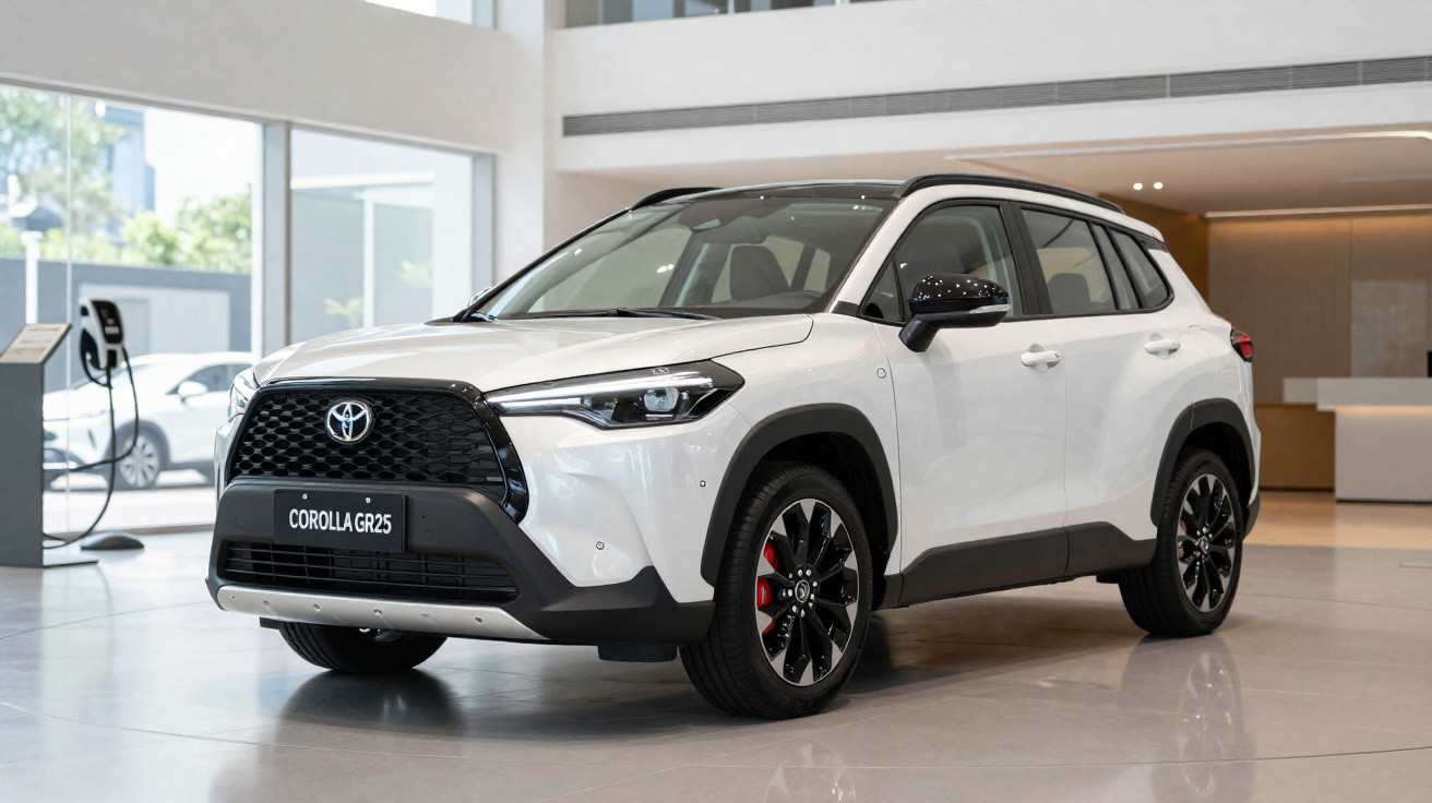 Carro SUV Toyota Corolla GR25 branco exposto em ambiente interno iluminado.