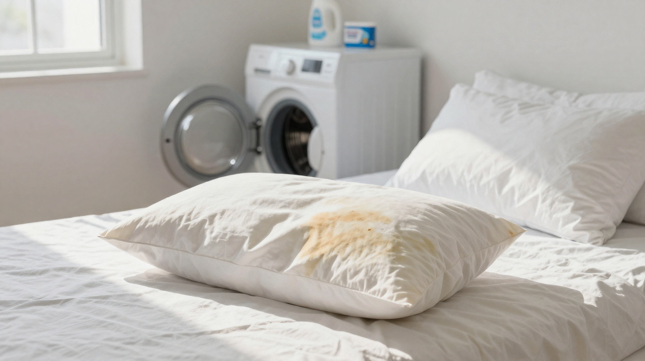Travesseiro branco com mancha amarela em cama branca, lavanderia com máquina de lavar ao fundo.