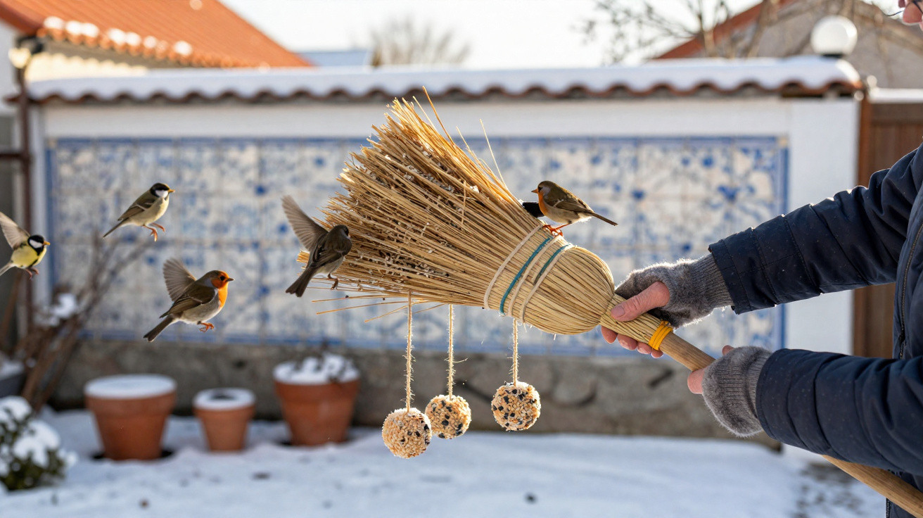Mãos com luvas seguram vassoura com bolas de comida penduradas para alimentar pássaros no jardim coberto de neve.