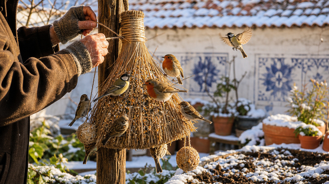 Pessoa alimentando pássaros em comedouro de palha em jardim com plantas e neve nas bordas.