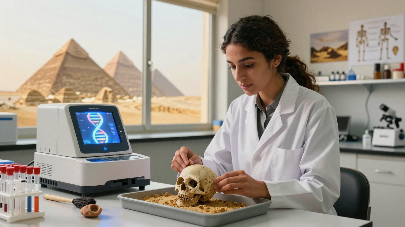 Mulher cientista examina crânio humano em laboratório com equipamentos e pirâmides ao fundo.