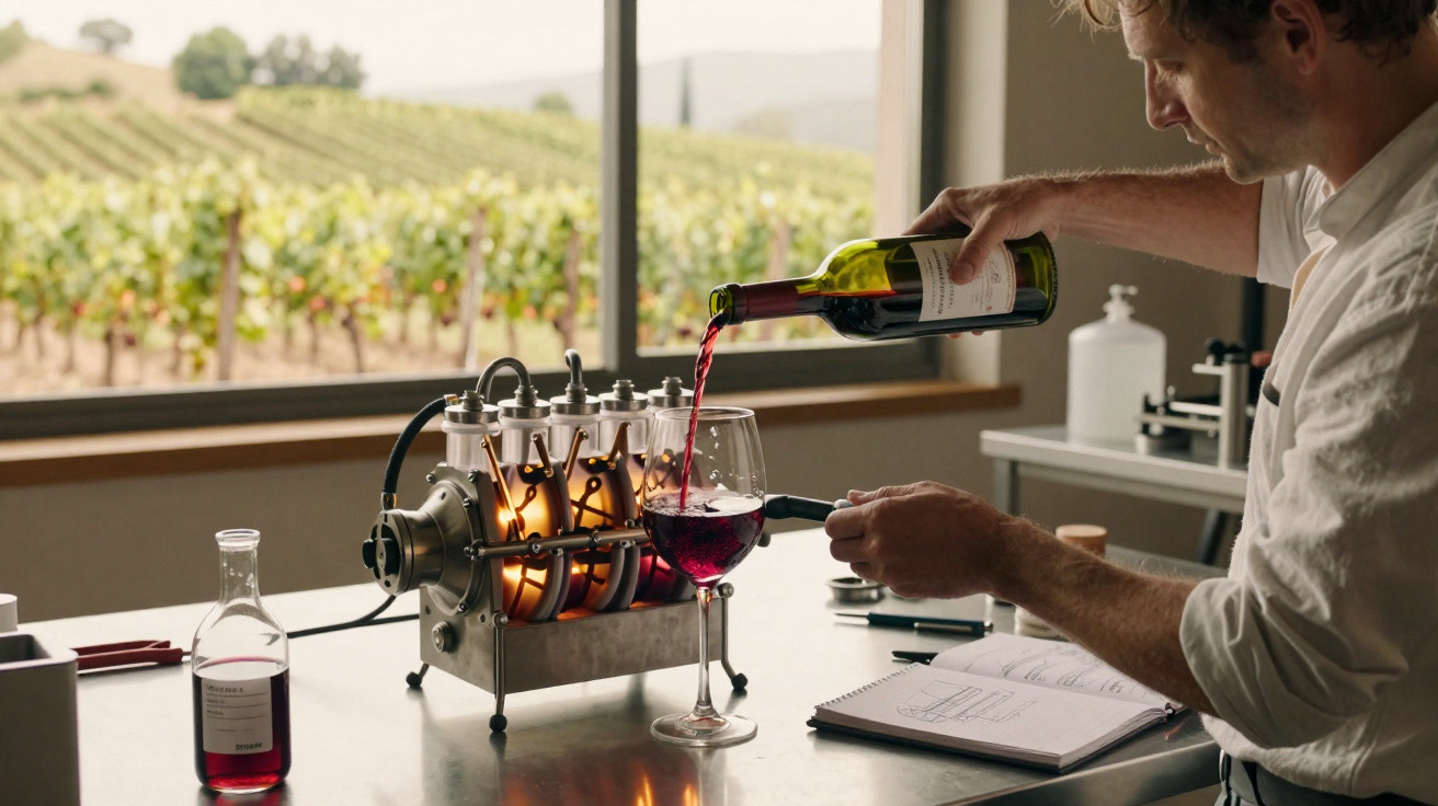 Homem em laboratório de vinhos despejando vinho tinto em taça com modelo de motor pequeno na mesa.