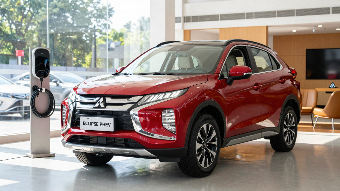 Carro SUV Mitsubishi Eclipse PHEV vermelho estacionado ao lado de estação de recarga elétrica em showroom.