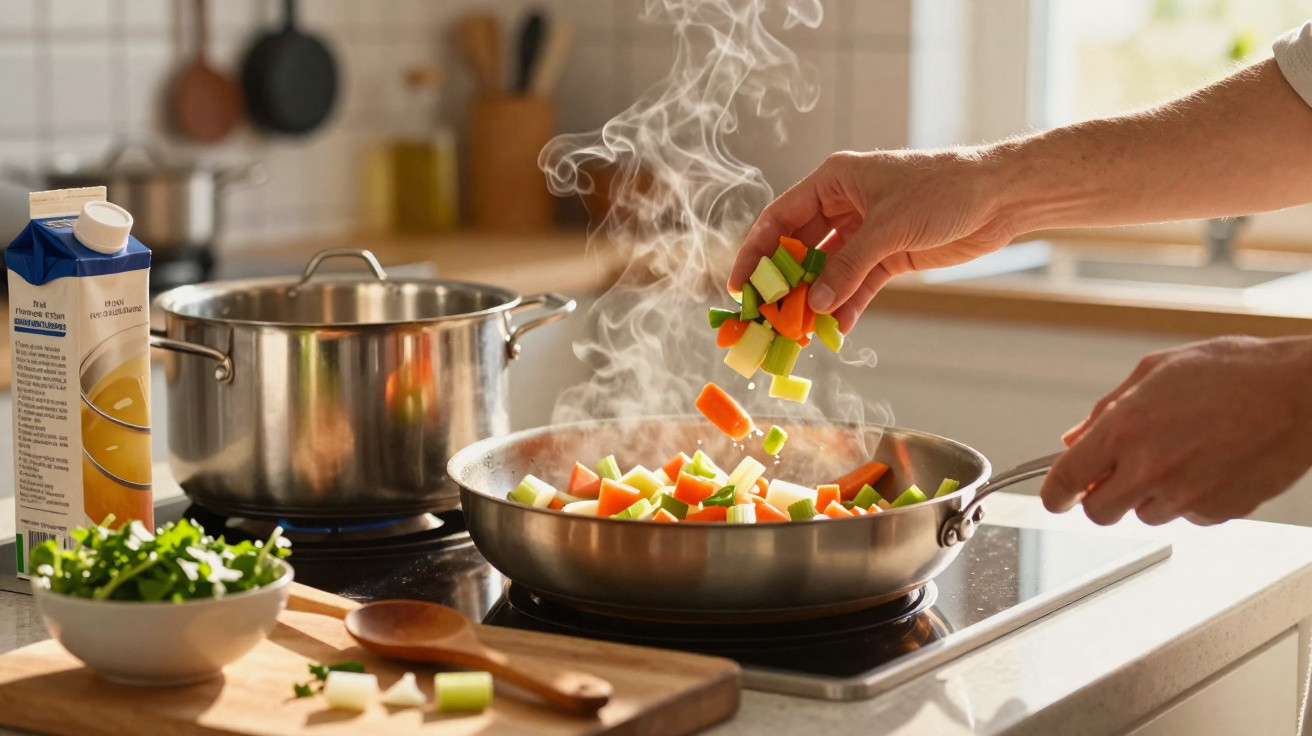 Pessoa adiciona legumes frescos em frigideira com vapor em fogão na cozinha iluminada.