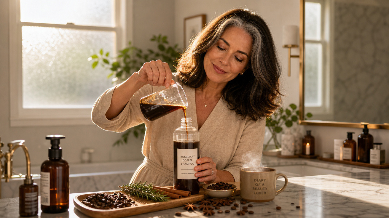 Mulher sorrindo preparando shampoo de café em frasco no banheiro com plantas e itens de banho ao fundo.