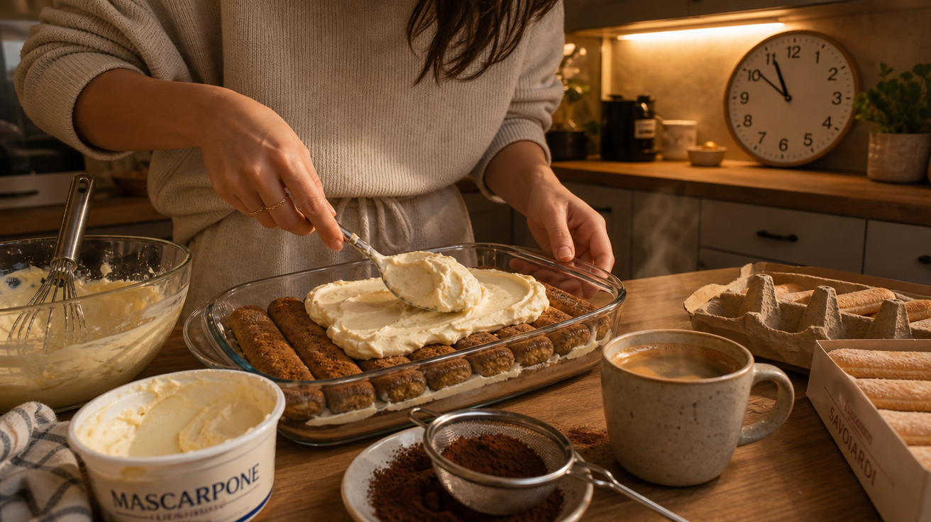 Pessoa espalhando creme em tiras de biscoito para sobremesa, ao lado de café, queijo mascarpone e cacau em pó.