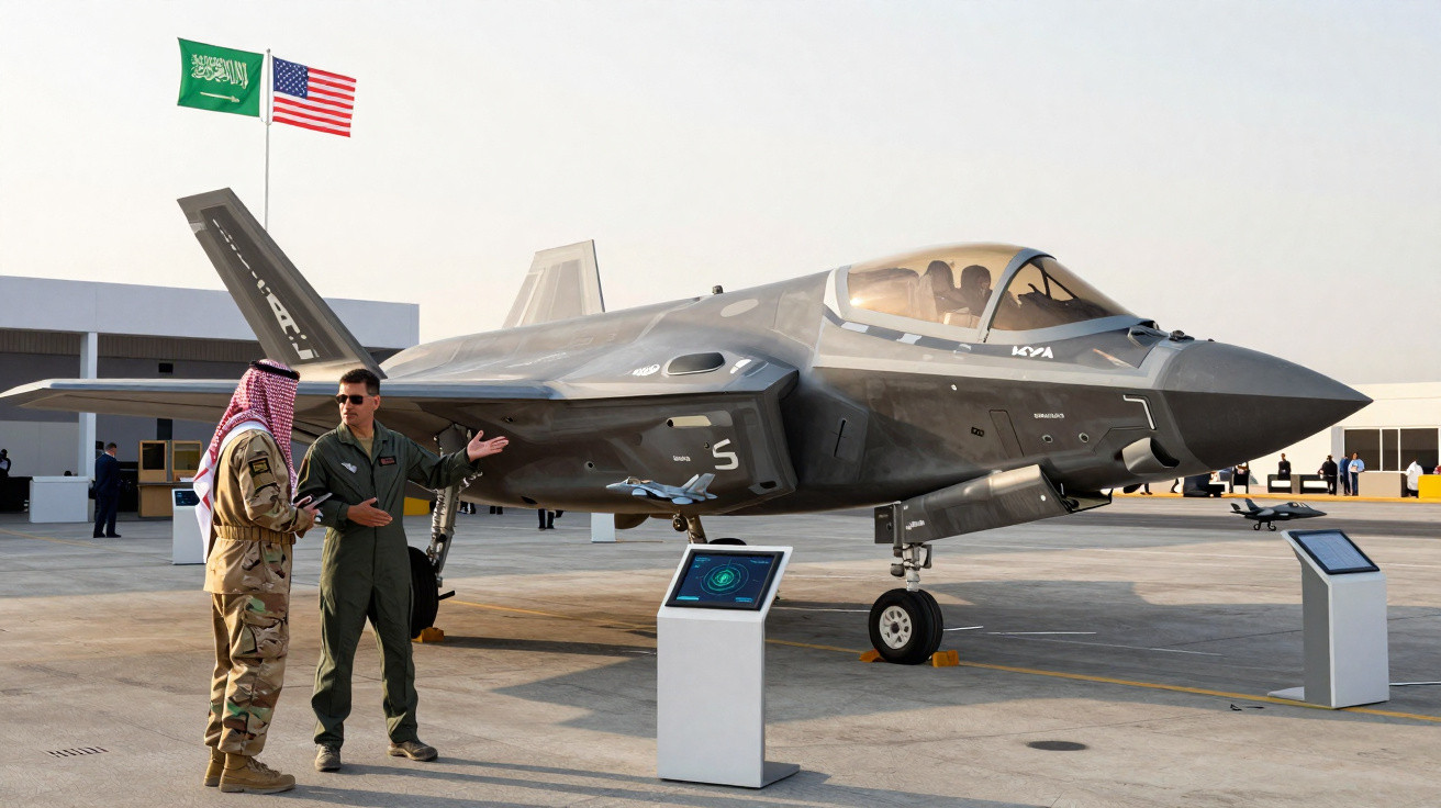Caça furtivo militar F-35 exibido em base aérea com bandeiras dos Estados Unidos e Arábia Saudita.