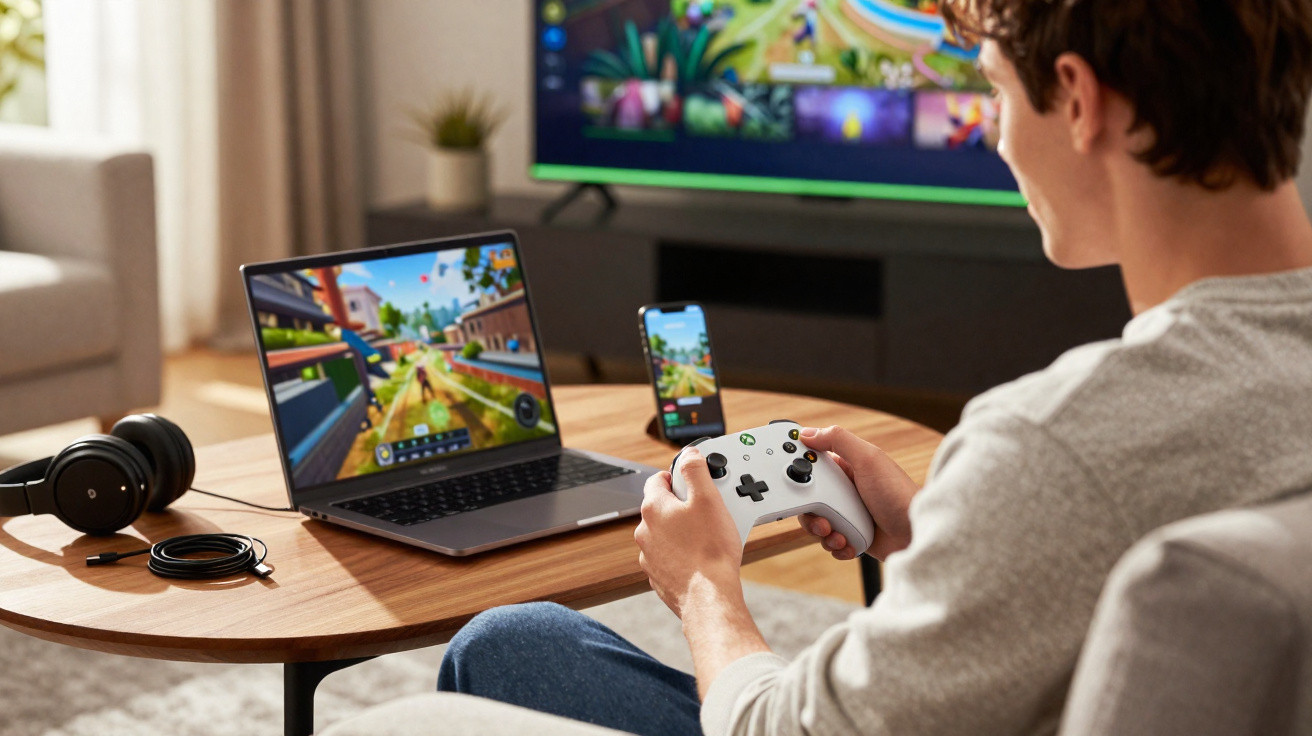 Jovem jogando videogame com controle, laptop, smartphone e TV exibindo jogo colorido em sala de estar.