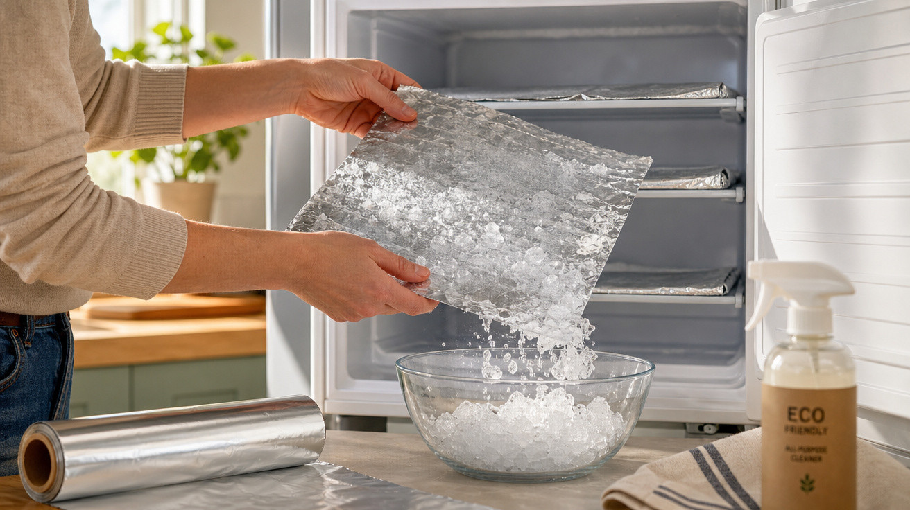 Pessoa retirando gelo do freezer para uma tigela de vidro em cozinha iluminada e organizada.