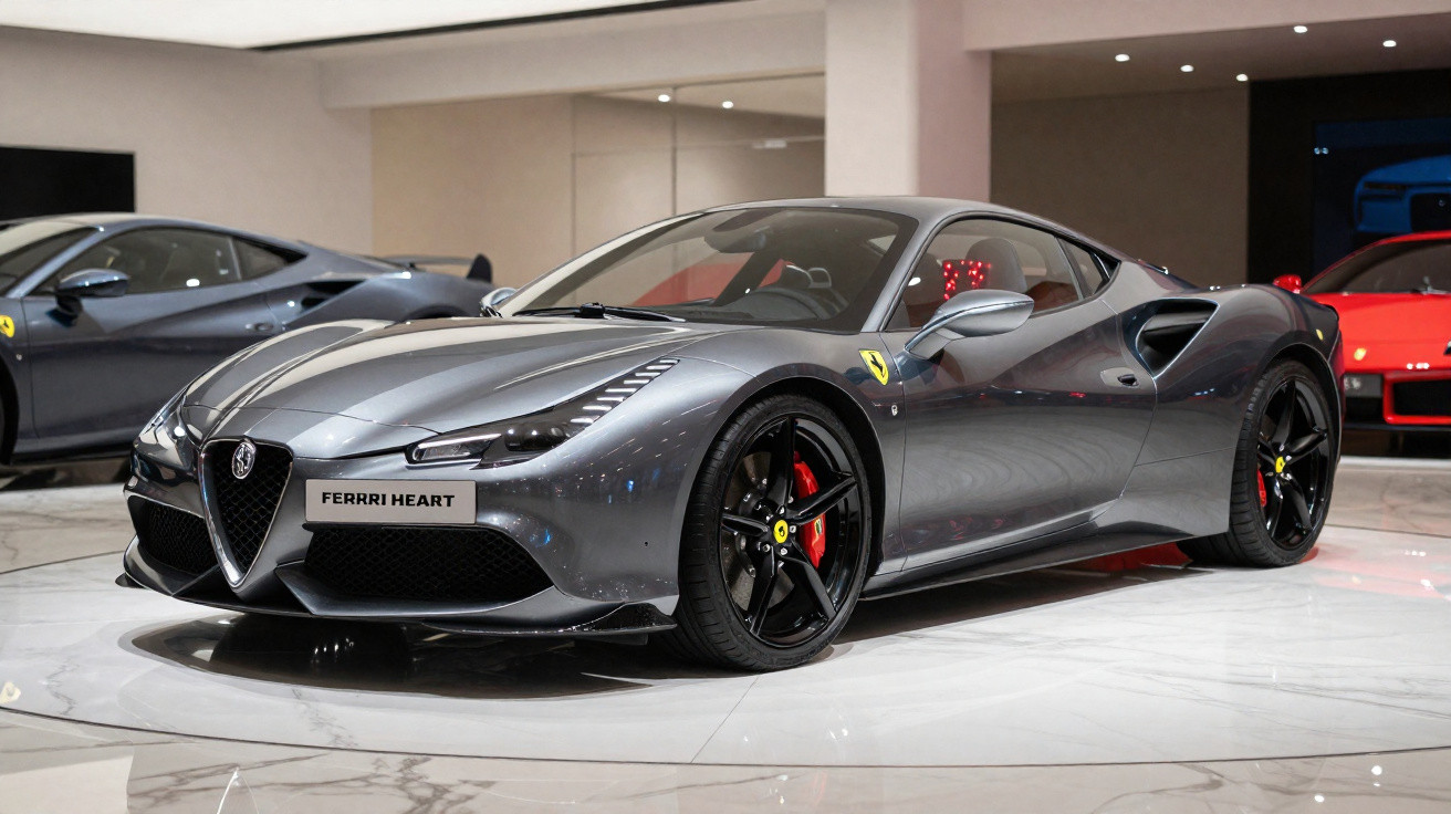 Carro esportivo cinza Ferrari Heart em exposição, com detalhes em preto e vermelho, ambiente interno moderno.