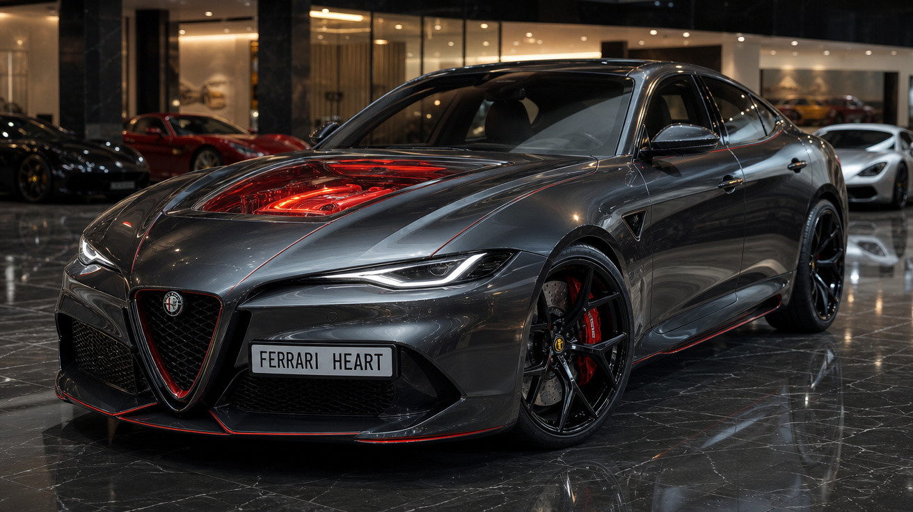 Carro esportivo cinza metálico Alfa Romeo com detalhes vermelhos em showroom moderno e iluminação indireta.