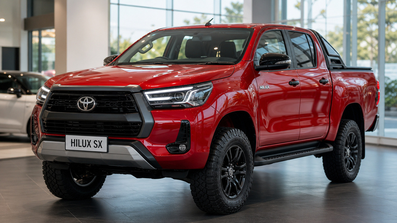 Picape Toyota Hilux SX vermelha estacionada em showroom moderno com grandes janelas.