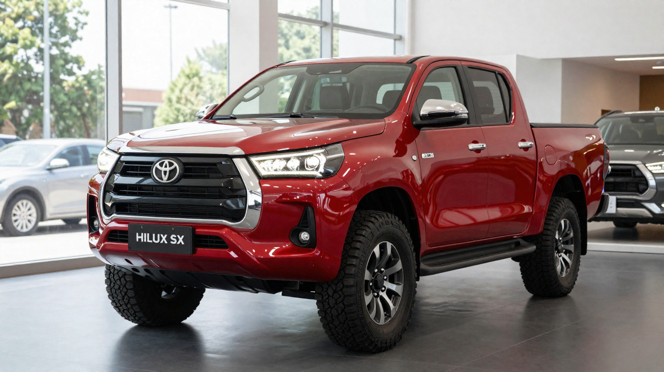 Picape Toyota Hilux SX vermelha exposta em showroom com pneus off-road e rodas pretas e prata.