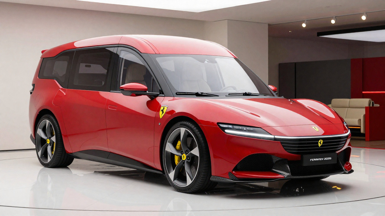 Carro elétrico Ferrari 2026 vermelho com design esportivo e linhas aerodinâmicas em showroom branco.