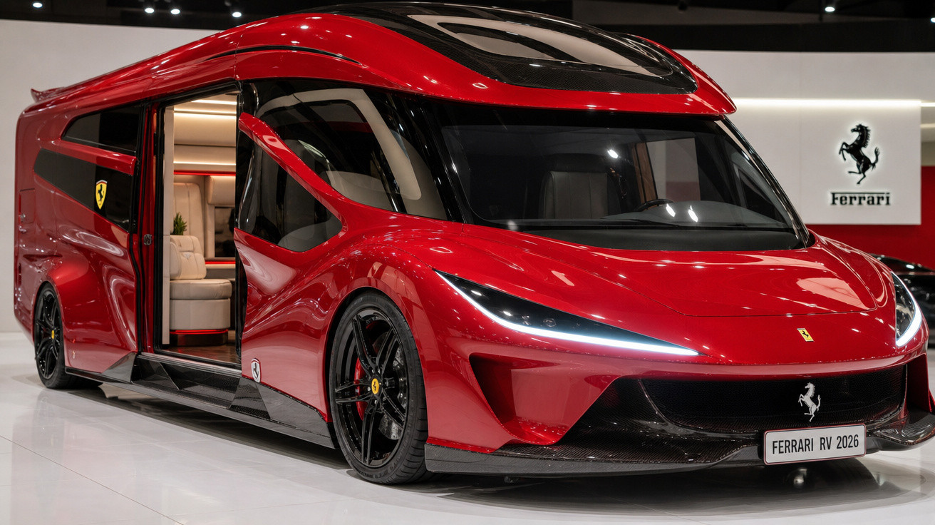 Veículo vermelho futurista Ferrari RV 2026 estilo motorhome com porta lateral aberta e interior luxuoso.
