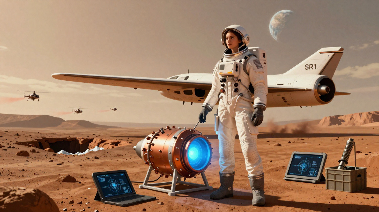 Astronauta em traje espacial em superfície marciana com aparelho tecnológico e nave ao fundo.