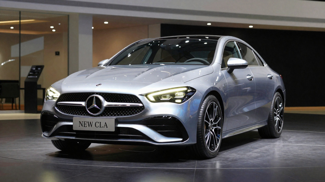 Carro prata Mercedes-Benz NEW CLA em exposição interna com luzes dianteiras acesas.