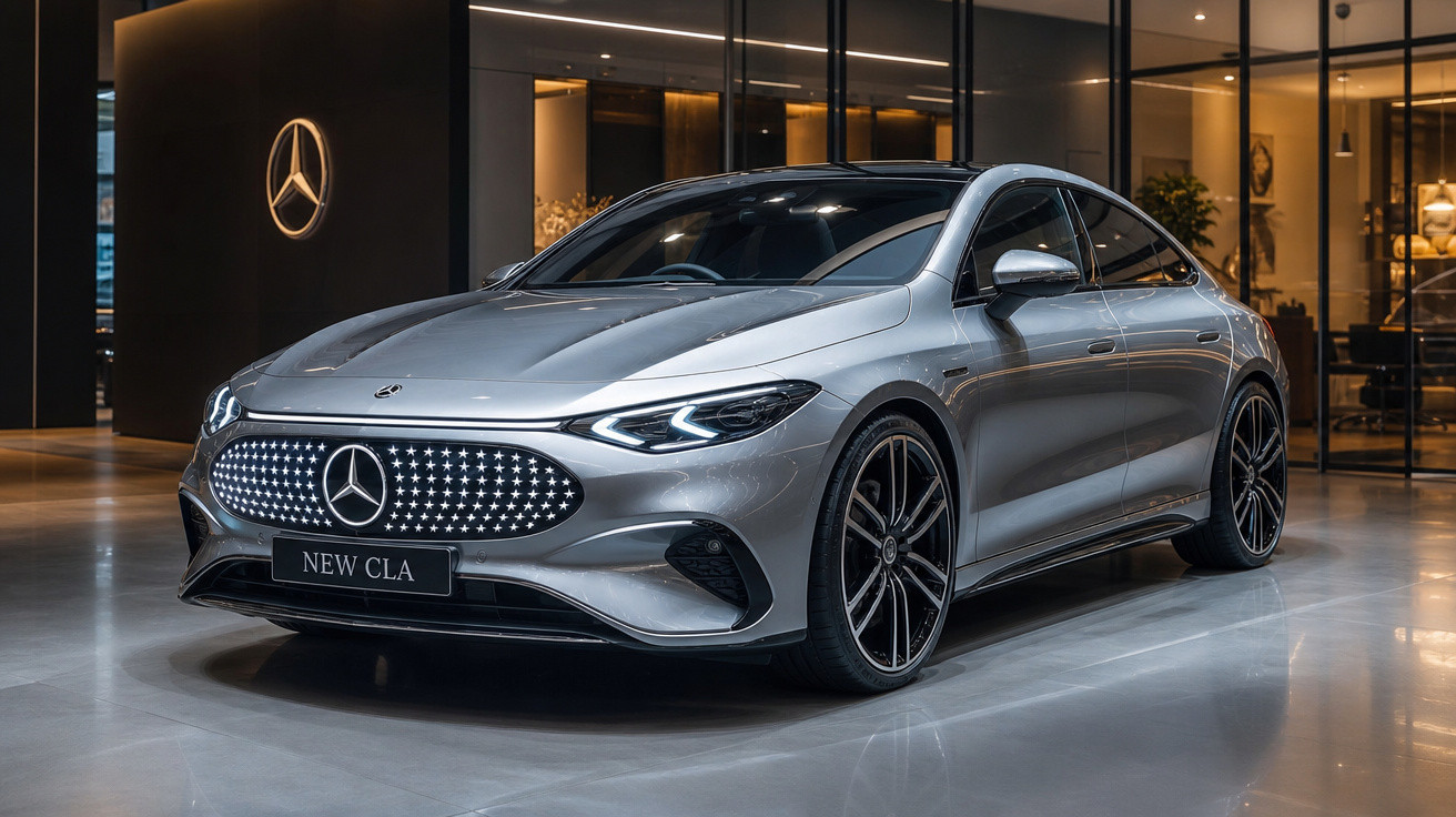 Carro prata Mercedes-Benz New CLA em showroom moderno com iluminação ambiente e logo iluminado na parede.