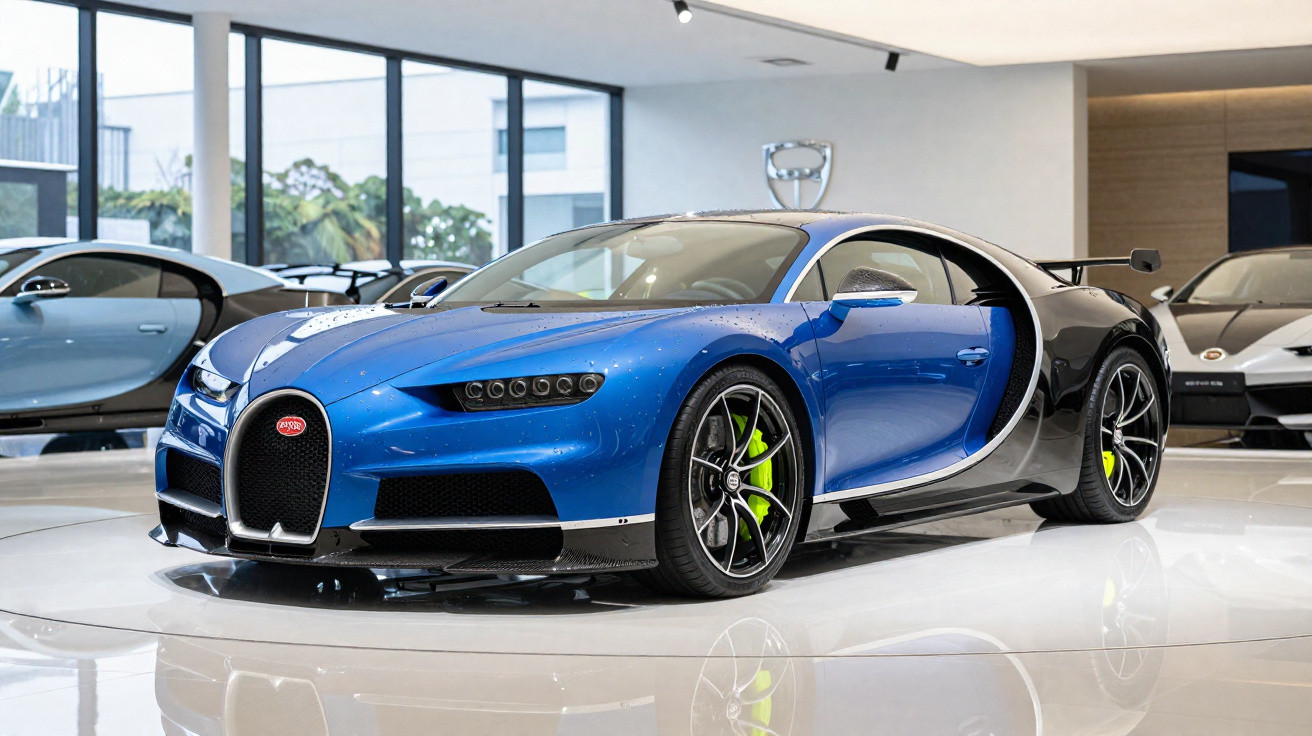 Carro esportivo Bugatti Chiron azul e preto em exibição em showroom moderno e iluminado.
