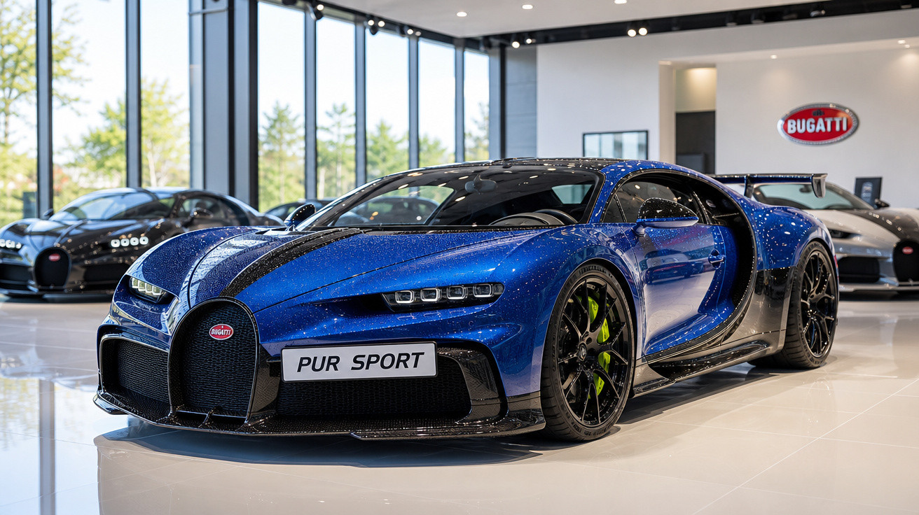Carro esportivo Bugatti azul com detalhes pretos em showroom moderno e iluminado.