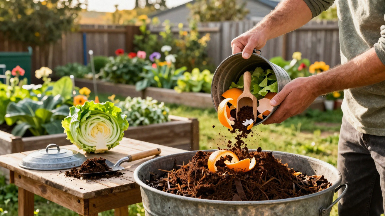Pessoa adiciona resíduos orgânicos em compostagem no jardim com flores e vegetais ao fundo.