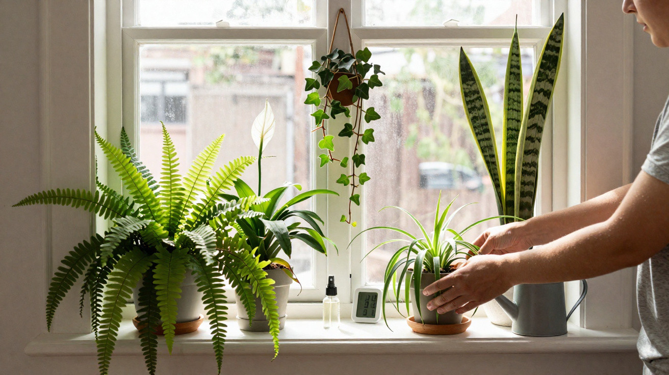 Pessoa cuidando de planta em vaso na janela com várias plantas verdes decorativas ao redor.